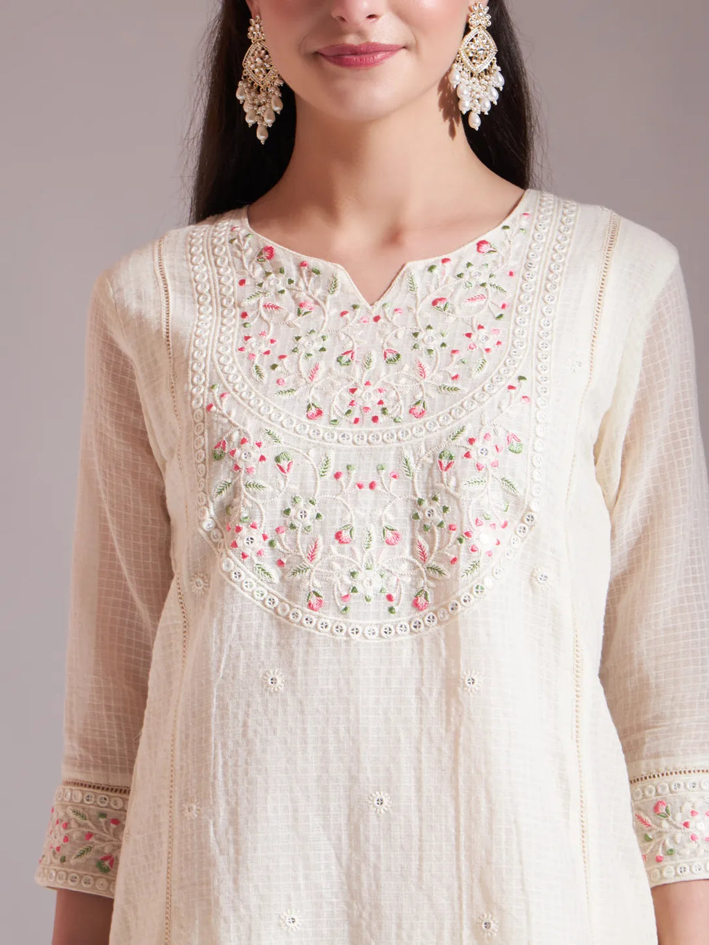 Yufta Off-White Pure Handloom Cotton Weaved Kurta Dupatta Pant Set | Grocsy