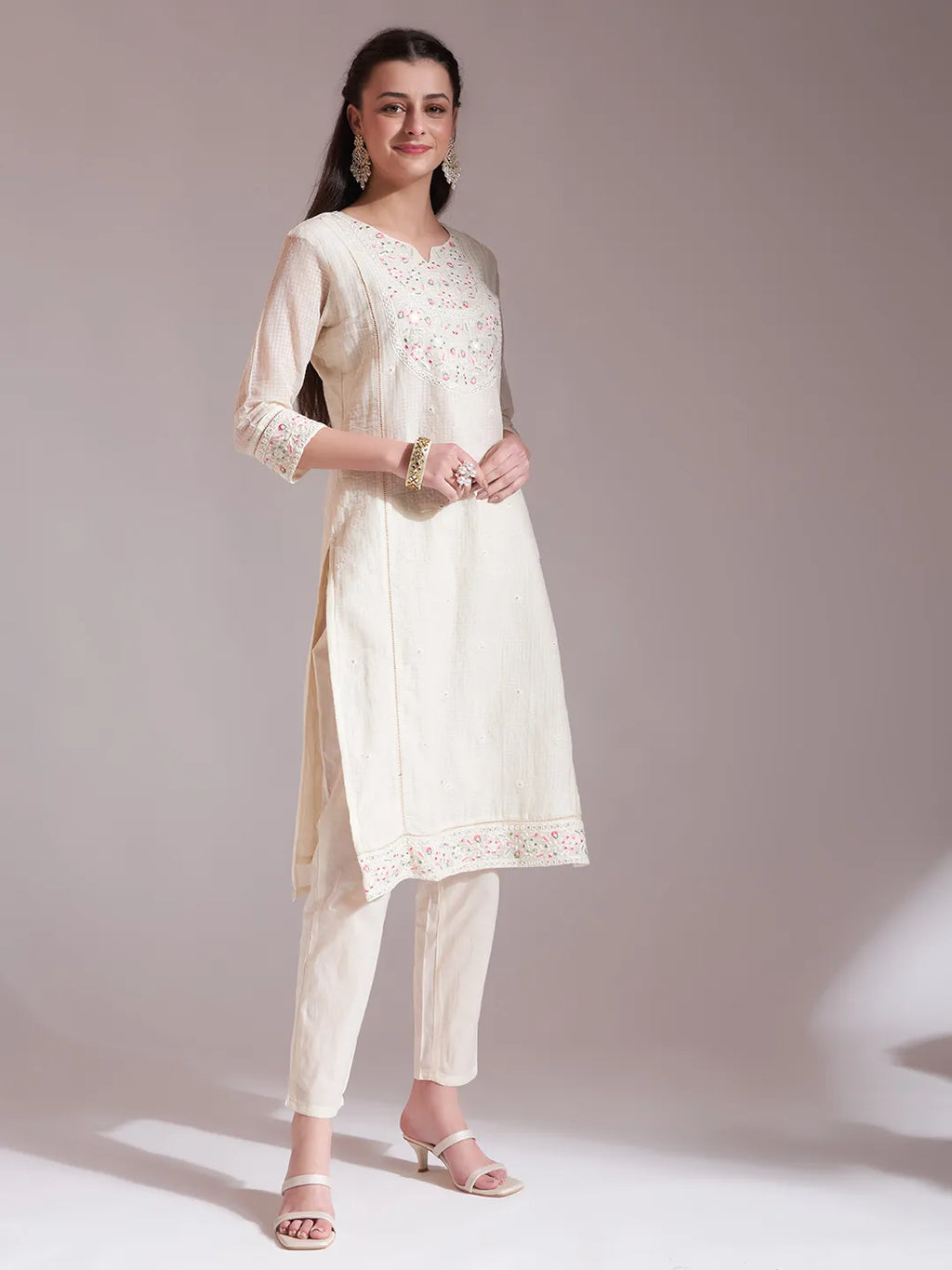Yufta Off-White Pure Handloom Cotton Weaved Kurta Dupatta Pant Set | Grocsy