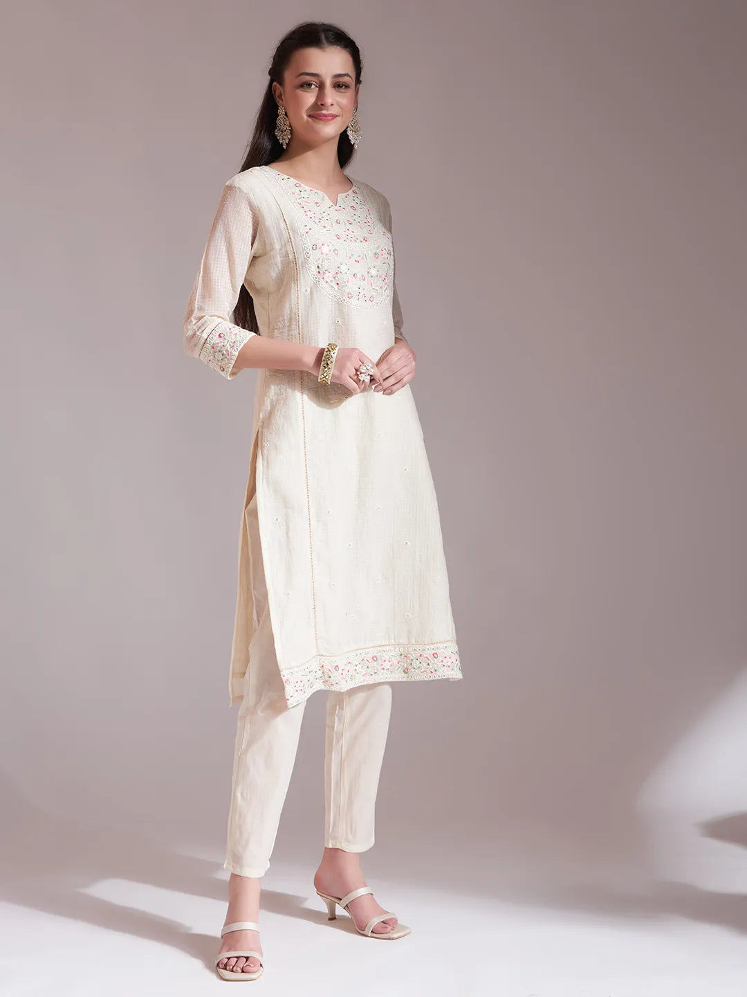 Yufta Off-White Pure Handloom Cotton Weaved Kurta Dupatta Pant Set | Grocsy