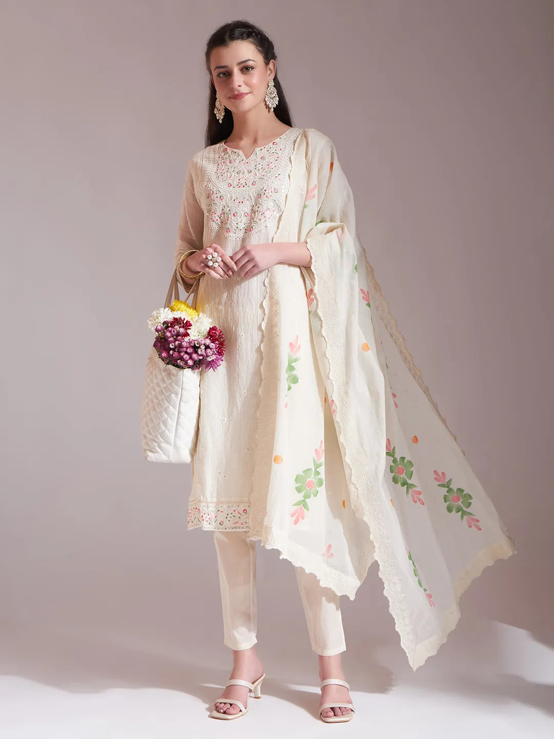 Yufta Off-White Pure Handloom Cotton Weaved Kurta Dupatta Pant Set | Grocsy