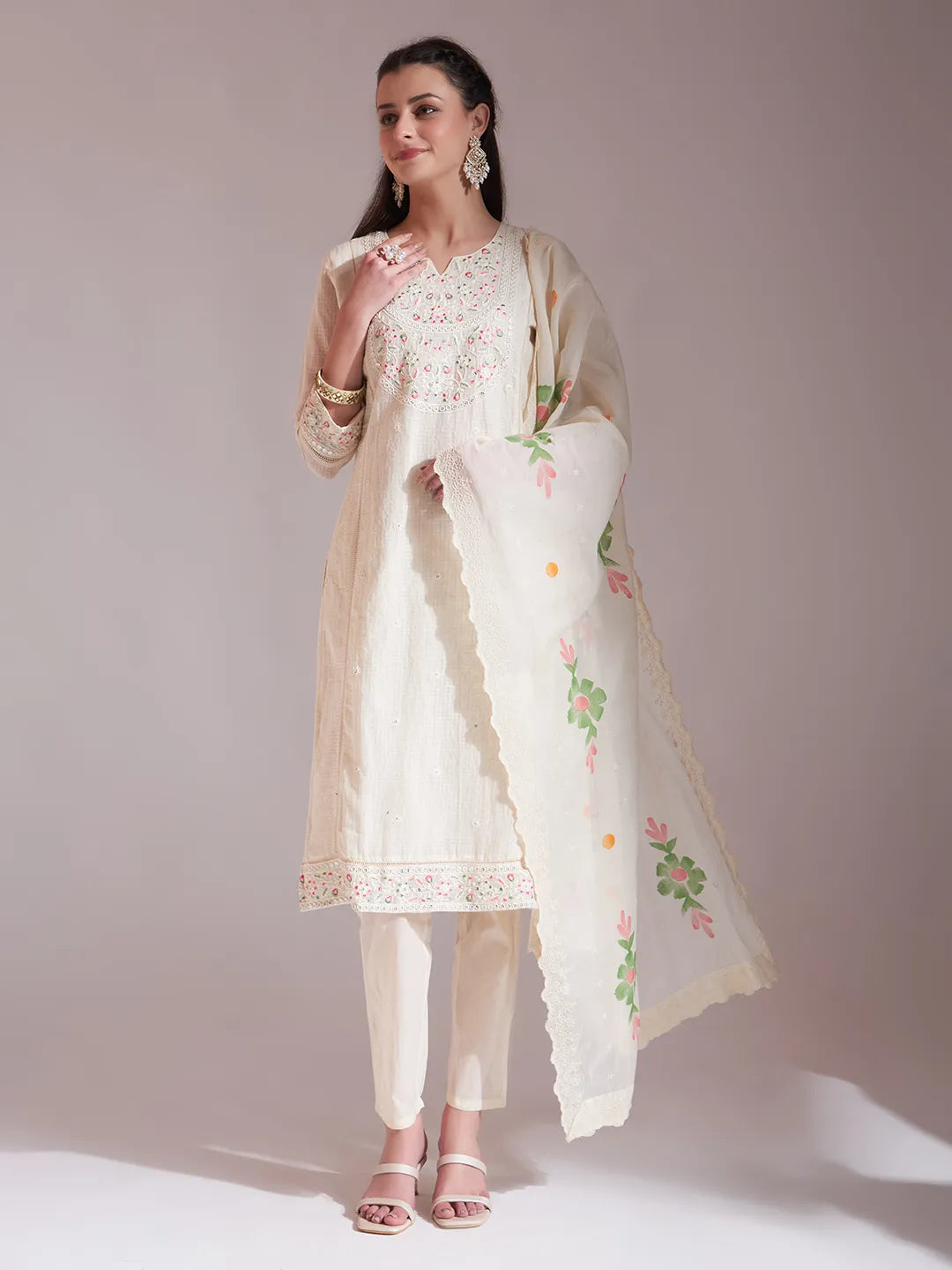 Yufta Off-White Pure Handloom Cotton Weaved Kurta Dupatta Pant Set | Grocsy