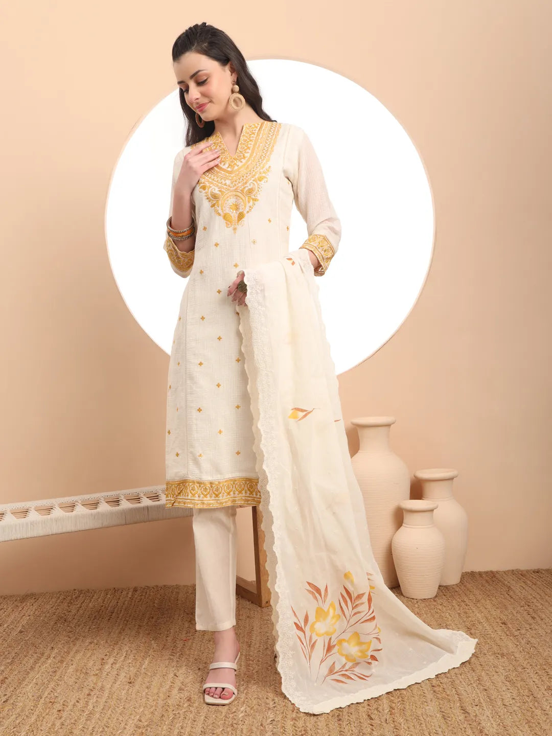 Yufta Off-White Pure Handloom Cotton Weaved Thread Work Kurta Dupatta Pant Set | Grocsy