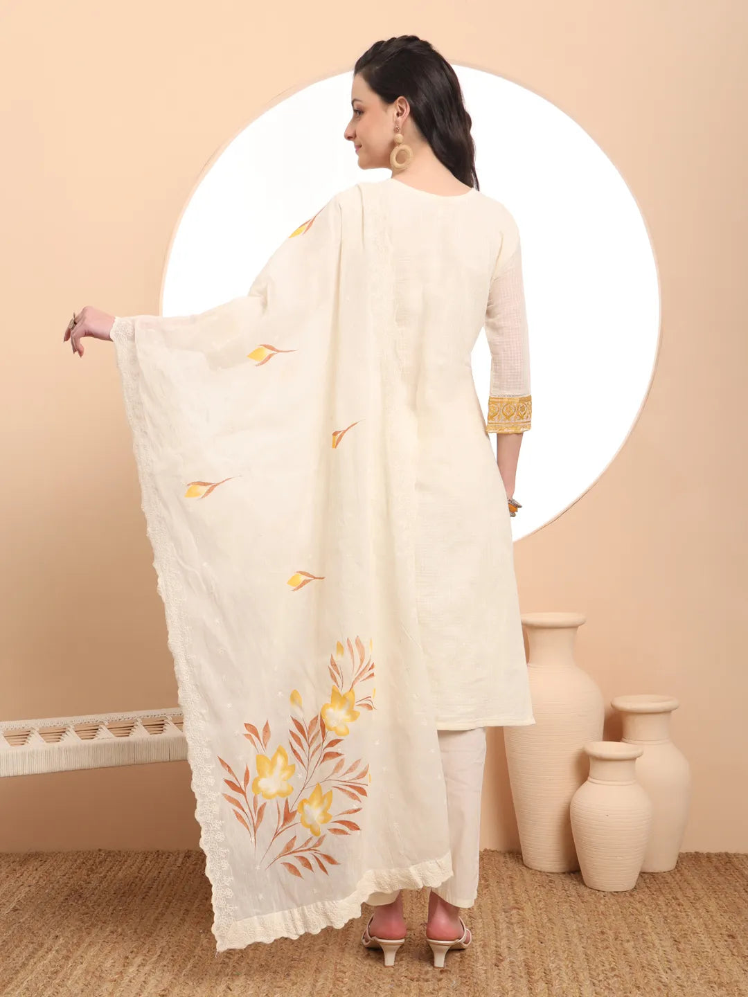Yufta Off-White Pure Handloom Cotton Weaved Thread Work Kurta Dupatta Pant Set | Grocsy