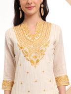 Yufta Off-White Pure Handloom Cotton Weaved Thread Work Kurta Dupatta Pant Set | Grocsy