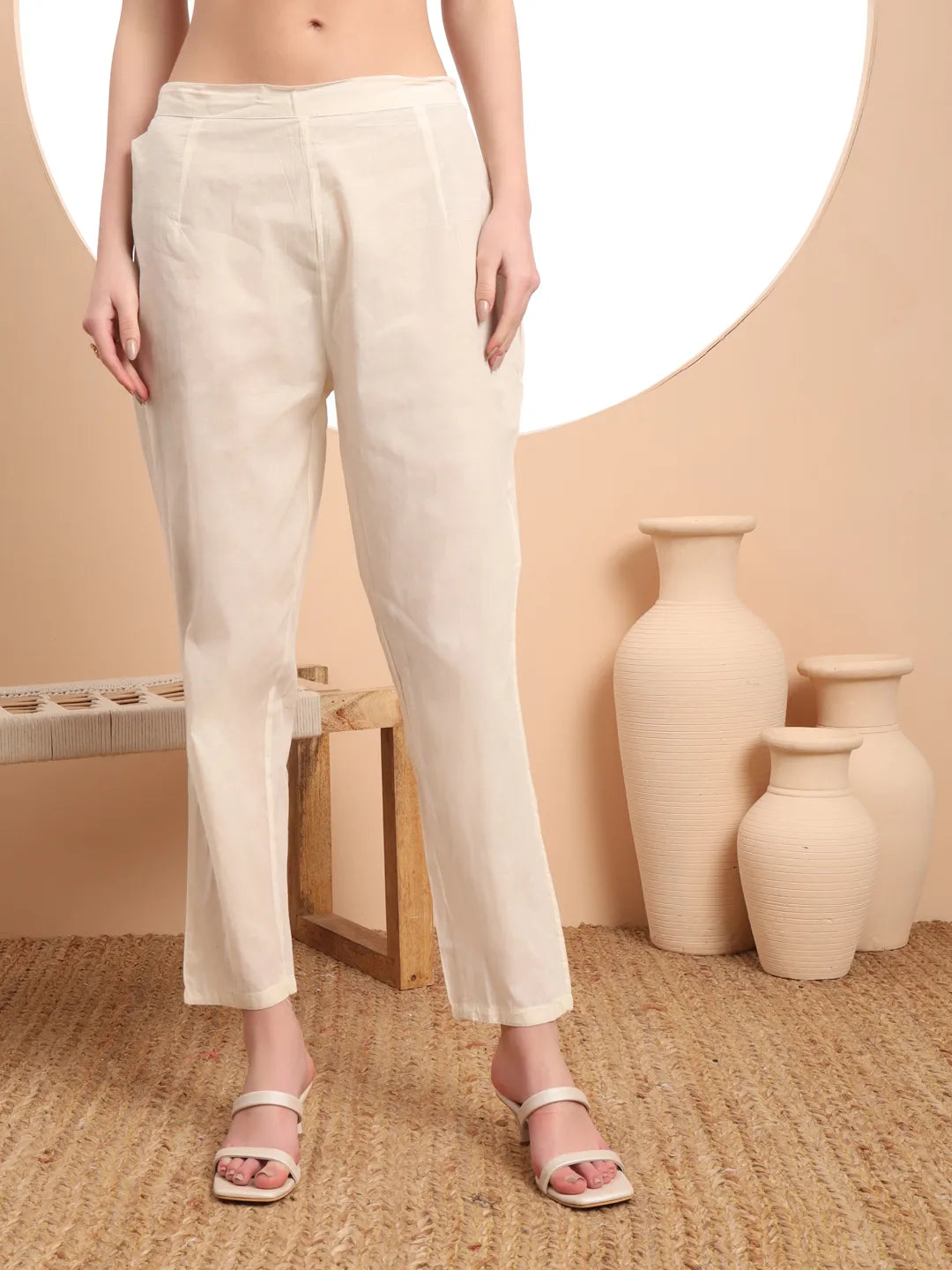 Yufta Off-White Pure Handloom Cotton Weaved Thread Work Kurta Dupatta Pant Set | Grocsy