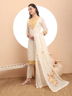 Yufta Off-White Pure Handloom Cotton Weaved Thread Work Kurta Dupatta Pant Set | Grocsy