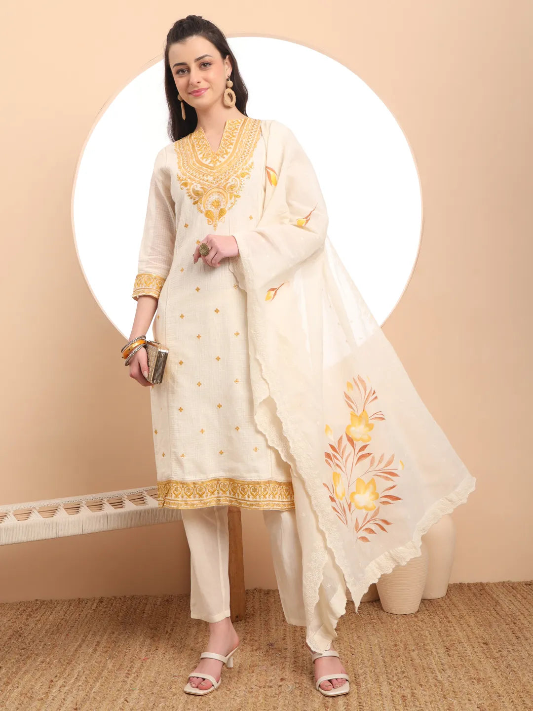 Yufta Off-White Pure Handloom Cotton Weaved Thread Work Kurta Dupatta Pant Set | Grocsy
