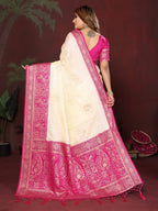 Anaita Off White Zari Butta Work Satin Silk Saree With Blouse | Grocsy