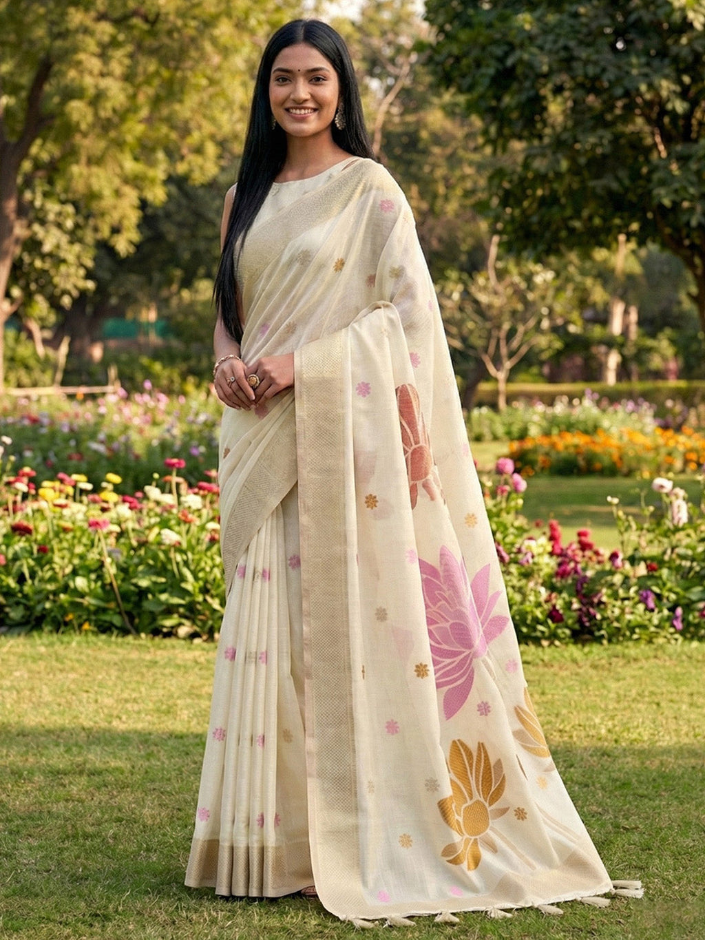 Anaita Off White Linen Saree With Blouse Piece | Grocsy