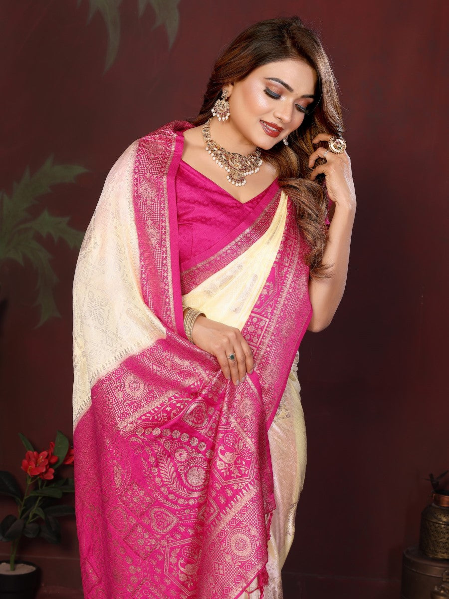 Anaita Off White Zari Butta Work Satin Silk Saree With Blouse | Grocsy
