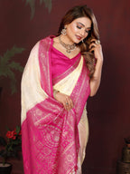Anaita Off White Zari Butta Work Satin Silk Saree With Blouse | Grocsy