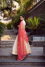 Evanik Off White South Style Jecquard Chex Zari Weaving Work Unstitched Lehenga Choli | Grocsy