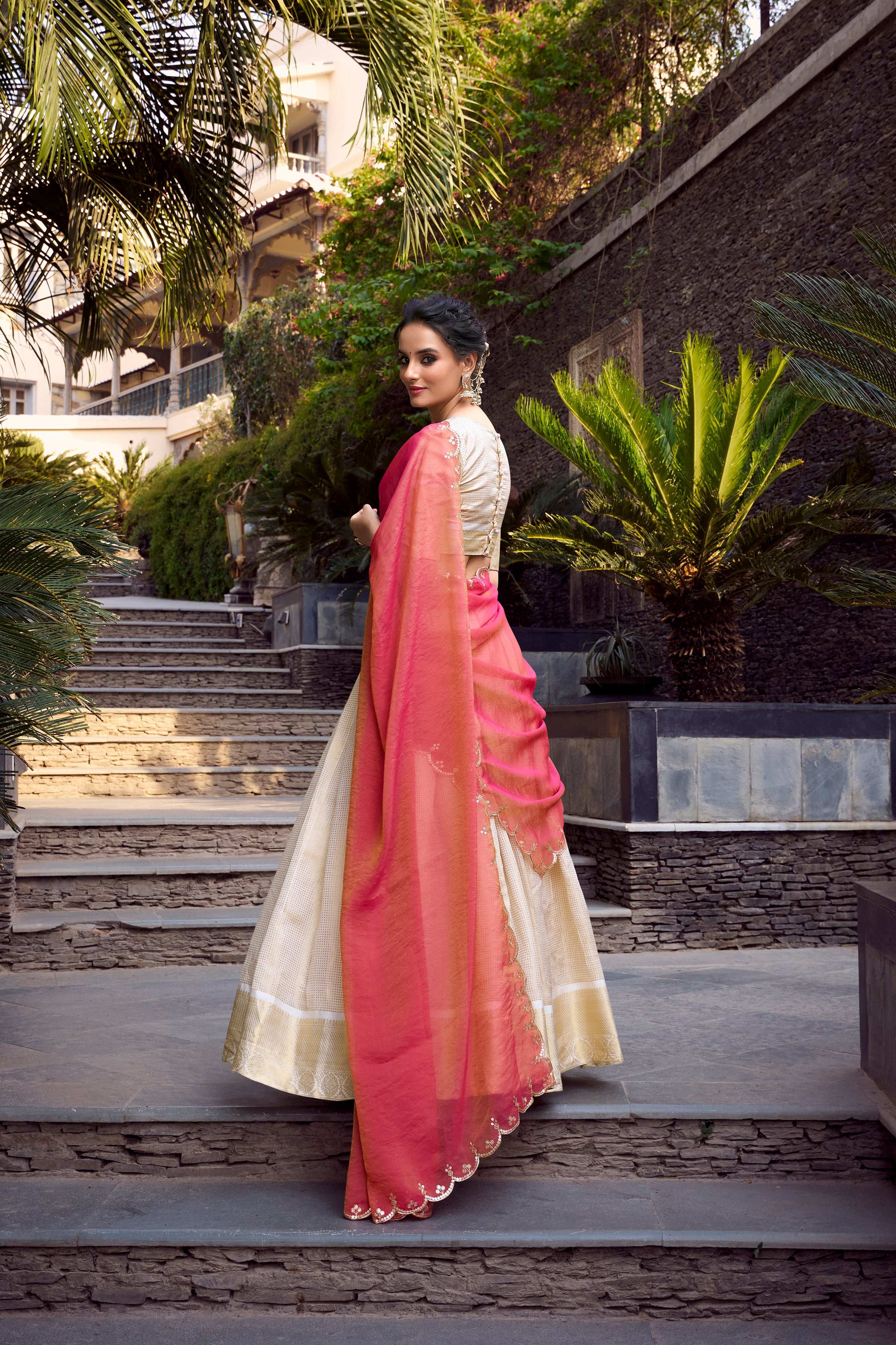 Evanik Off White South Style Jecquard Chex Zari Weaving Work Unstitched Lehenga Choli | Grocsy