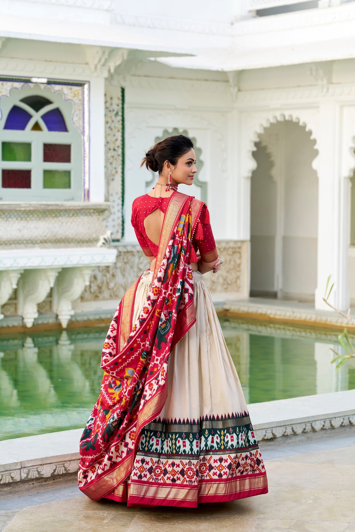 Evanik Off White Traditional Style Tussar Silk Patola Print With Foil Work Unstitched Lehenga Choli | Grocsy