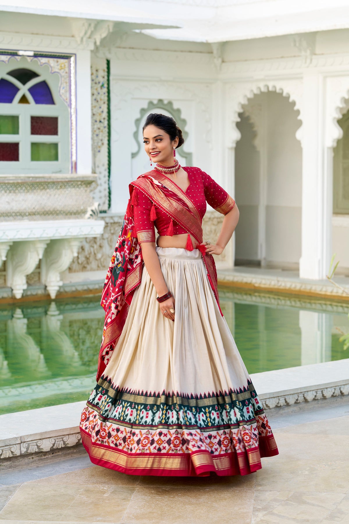 Evanik Off White Traditional Style Tussar Silk Patola Print With Foil Work Unstitched Lehenga Choli | Grocsy