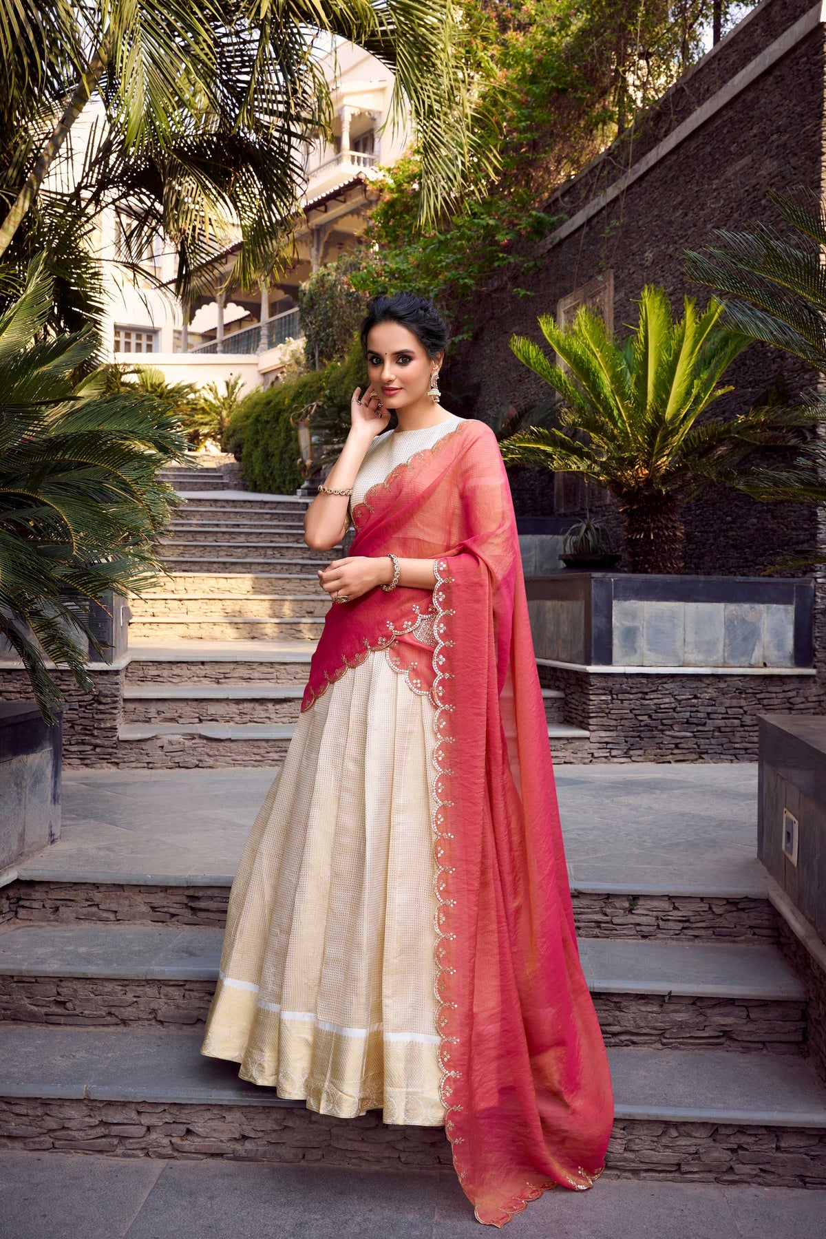 Evanik Off White South Style Jecquard Chex Zari Weaving Work Unstitched Lehenga Choli | Grocsy