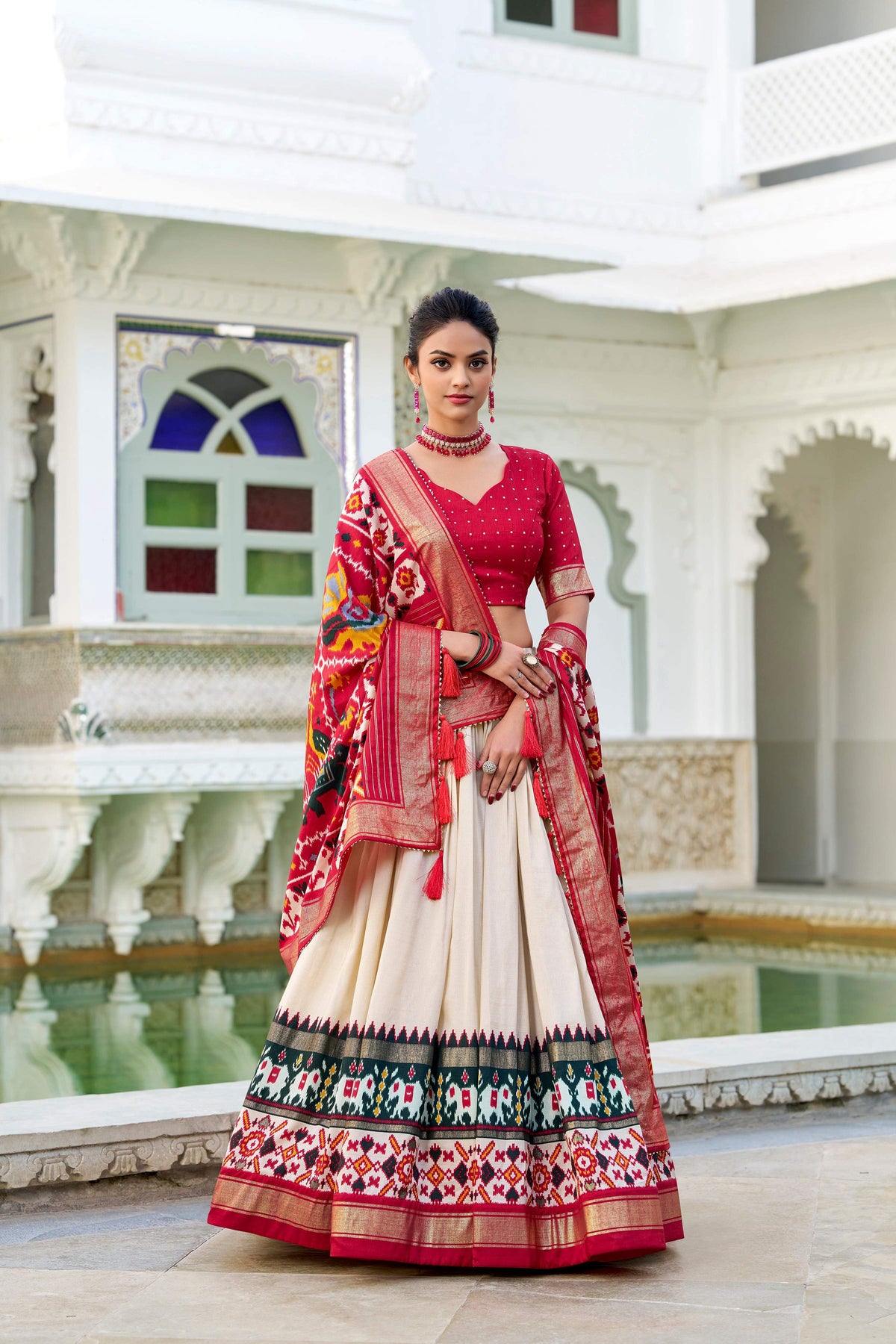 Evanik Off White Traditional Style Tussar Silk Patola Print With Foil Work Unstitched Lehenga Choli | Grocsy