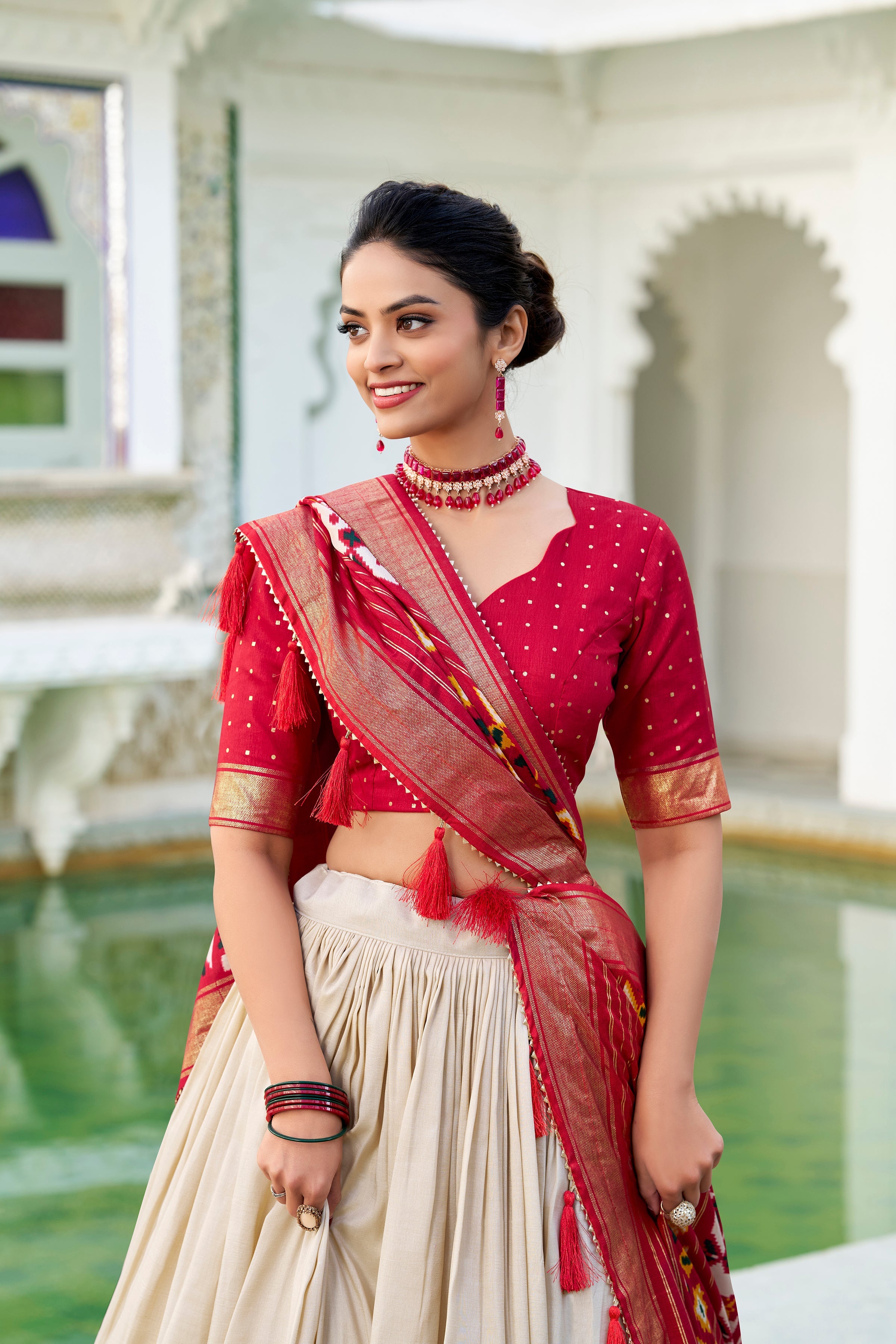 Evanik Off White Traditional Style Tussar Silk Patola Print With Foil Work Unstitched Lehenga Choli | Grocsy