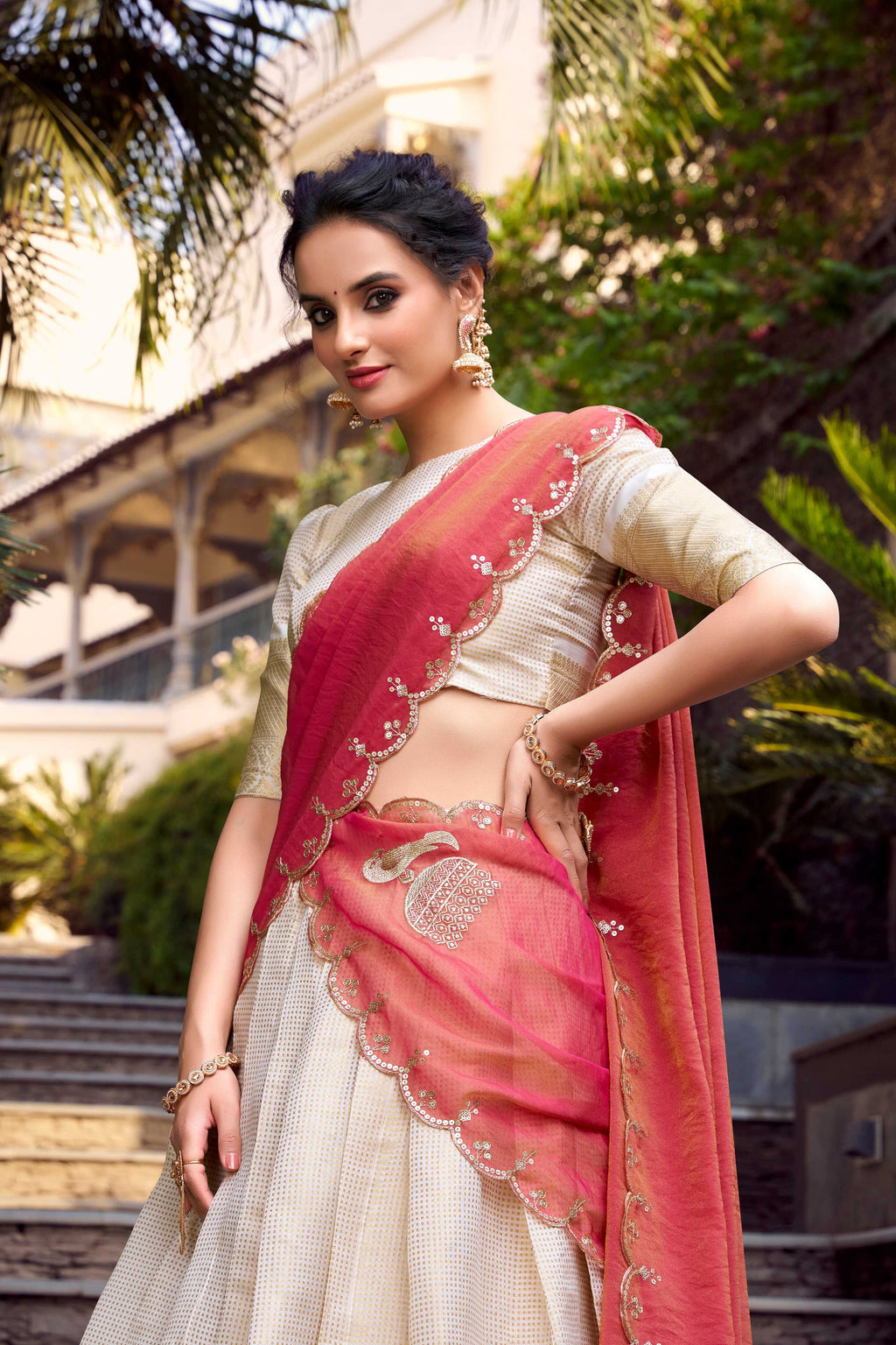 Evanik Off White South Style Jecquard Chex Zari Weaving Work Unstitched Lehenga Choli | Grocsy