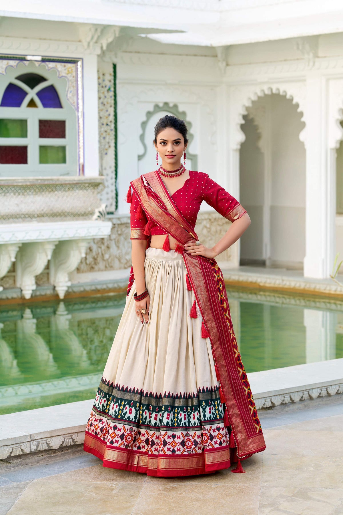 Evanik Off White Traditional Style Tussar Silk Patola Print With Foil Work Unstitched Lehenga Choli | Grocsy