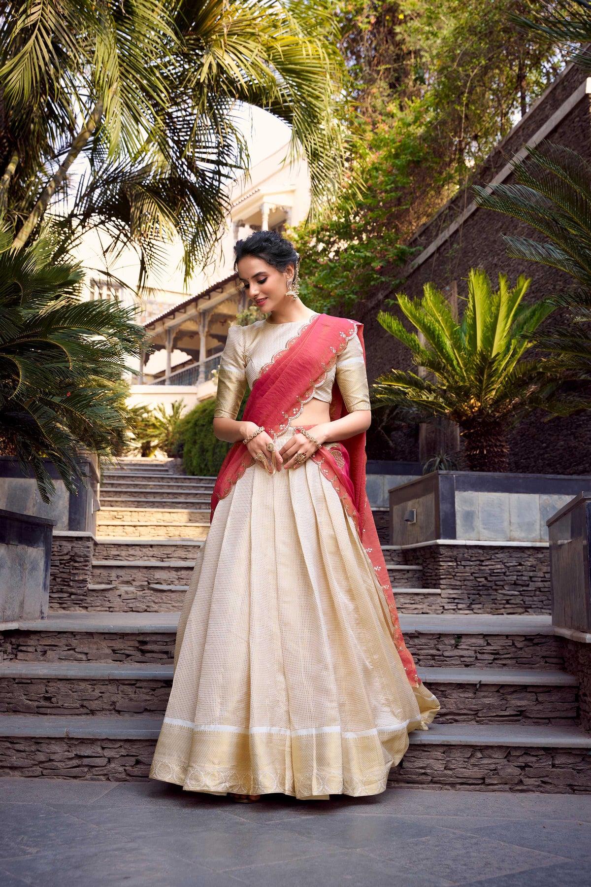 Evanik Off White South Style Jecquard Chex Zari Weaving Work Unstitched Lehenga Choli | Grocsy