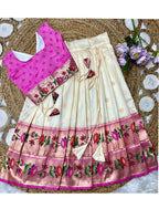 Evanik White Kids Paithani Silk Lotus Pattern Lehenga Choli | Grocsy