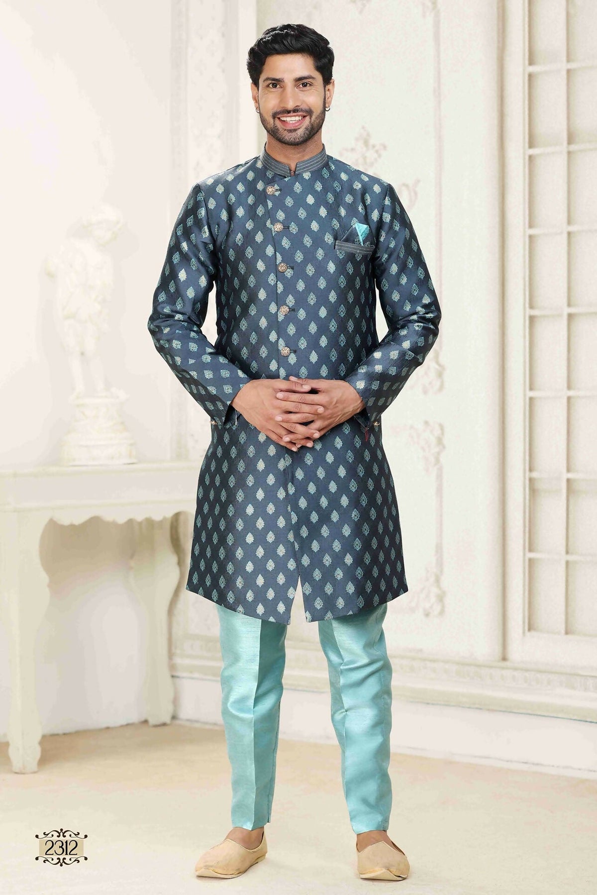 Raivat Ethnic Banarasi Jacquard Embroidery Semi Indo Western Sherwani In Grey Blue Colour | Grocsy