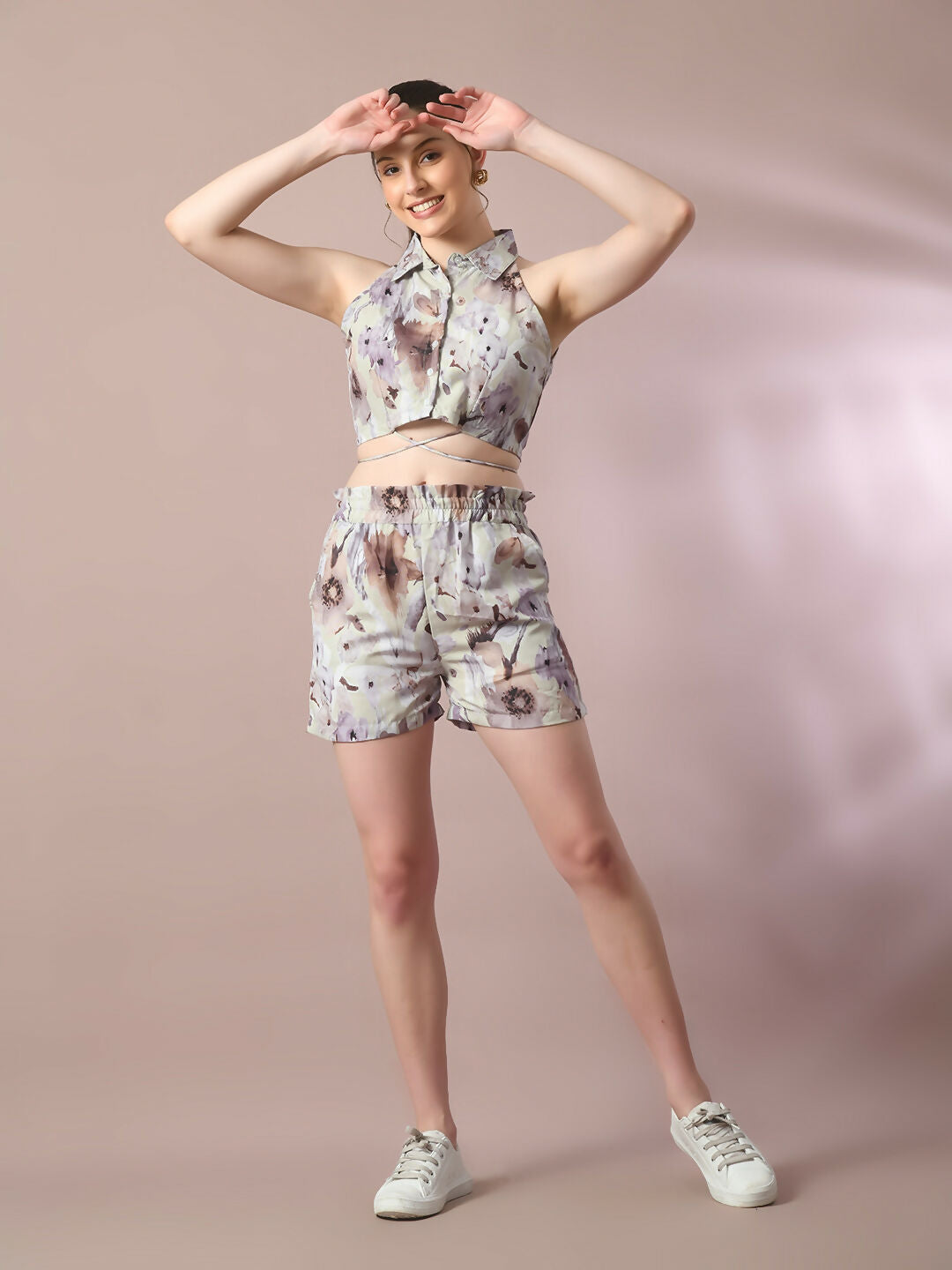 Myshka Women's Multi Printed Shirt Collar Party Top With Shorts Co-ord set | Grocsy