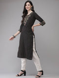 Yufta Women Black Yoke Design Kantha Work Floral Kurta | Grocsy