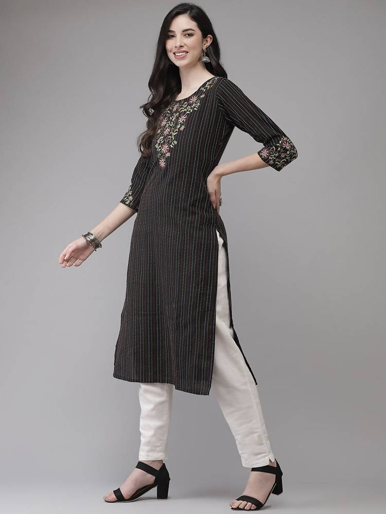 Yufta Women Black Yoke Design Kantha Work Floral Kurta | Grocsy