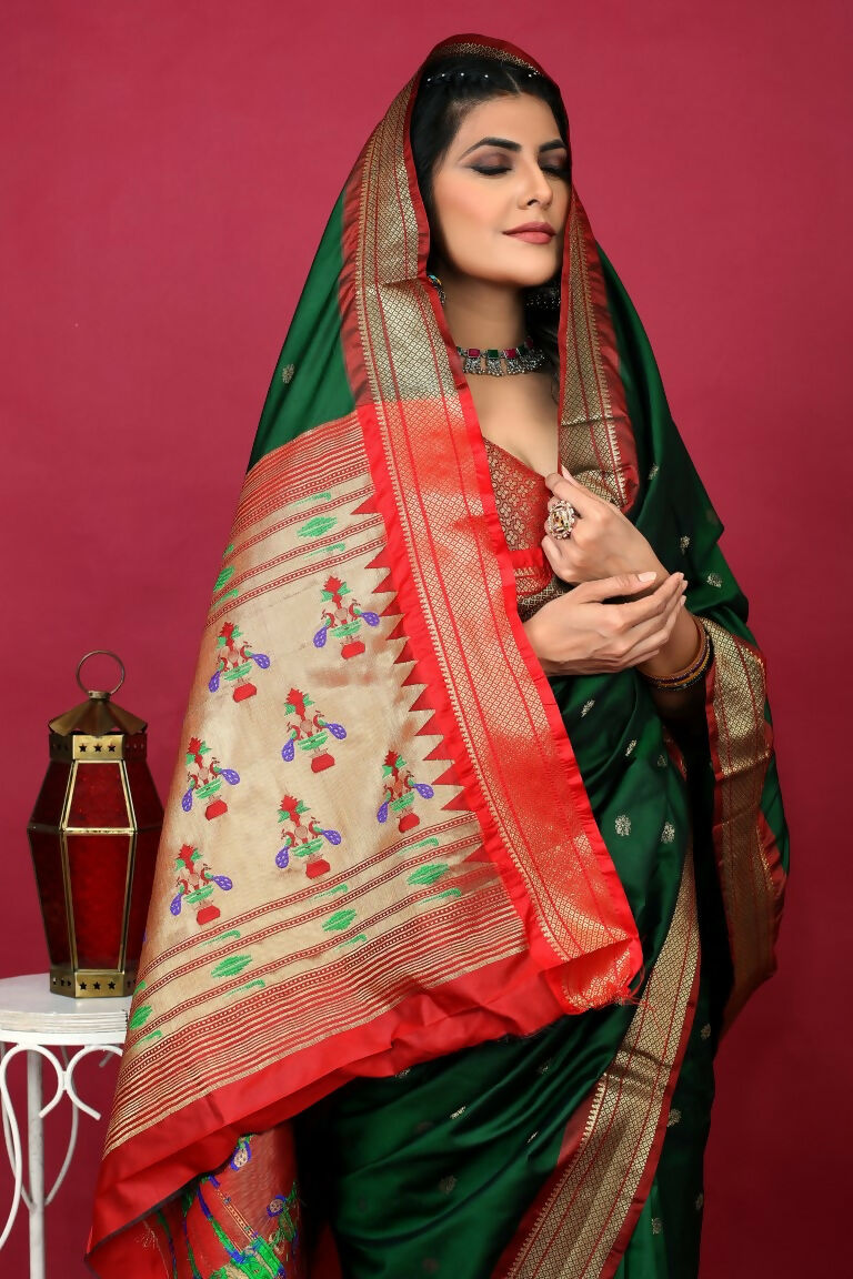 Jyoti Fashion Women's Bottle Green Paithani Silk Zari Woven Saree with Blouse | Grocsy