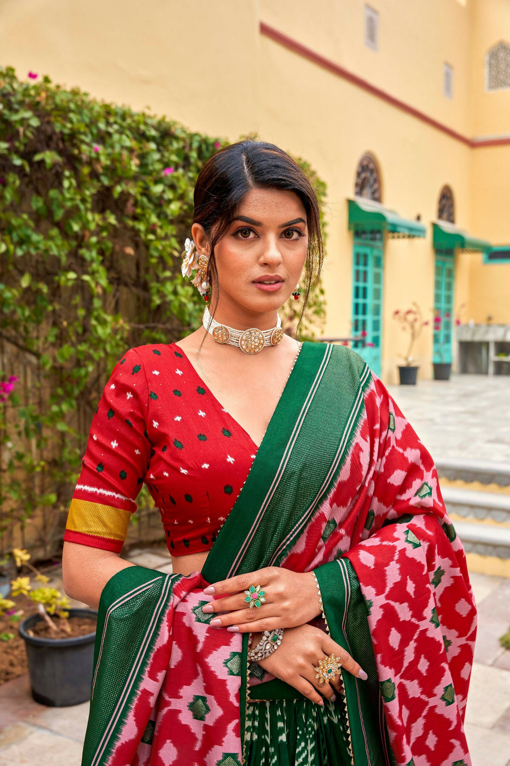 Vastranavya Printed and Foil Work Tussar Silk Lehenga with Unstitched Blouse - Green | Grocsy