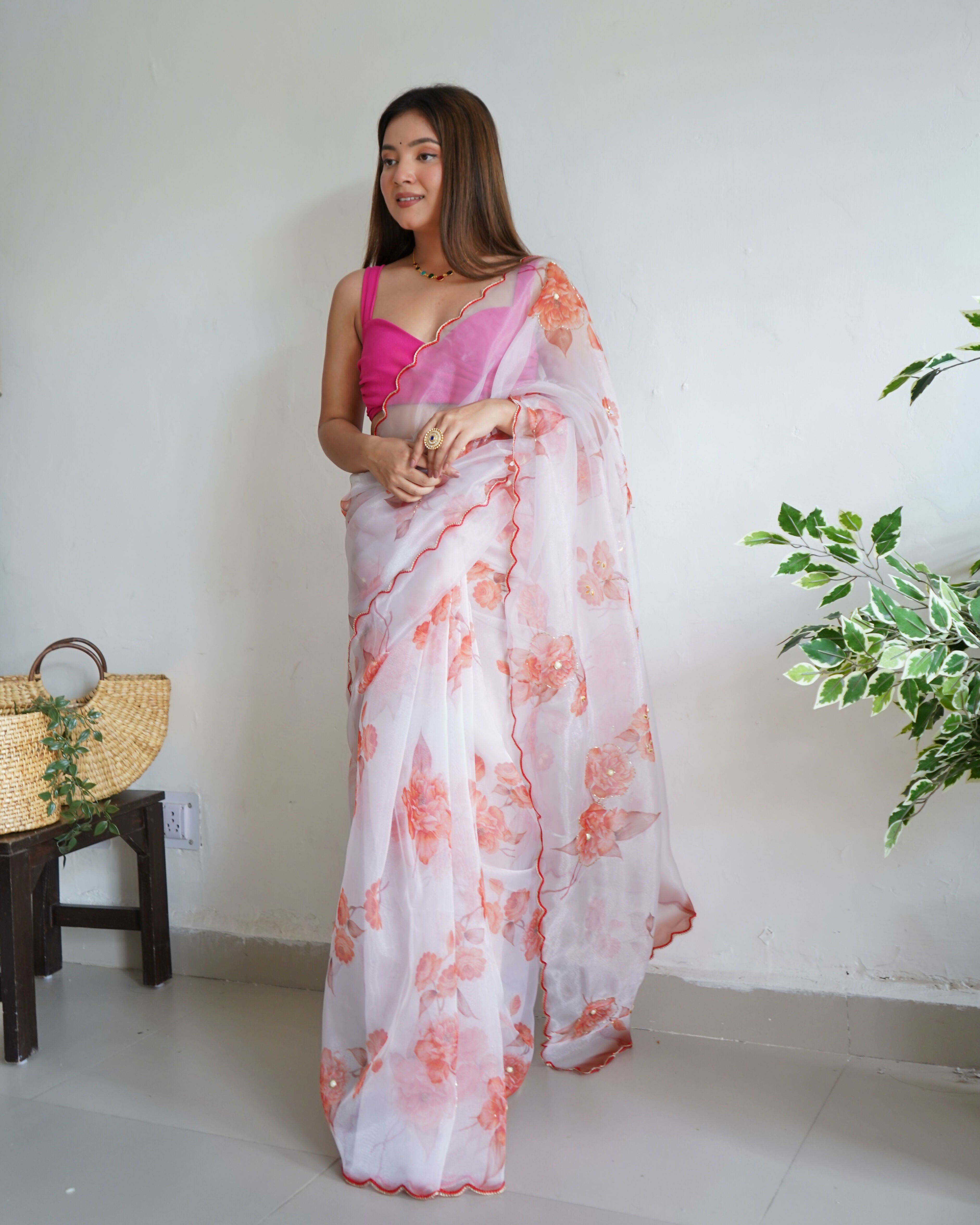 Vamsee Ramya White Organza Saree | Grocsy