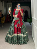 Vastranavya Navaratri Special Pure Cotton Printed With Gota Patti And Lace Touch Up Lehenga with Stitched Choli - Green | Grocsy