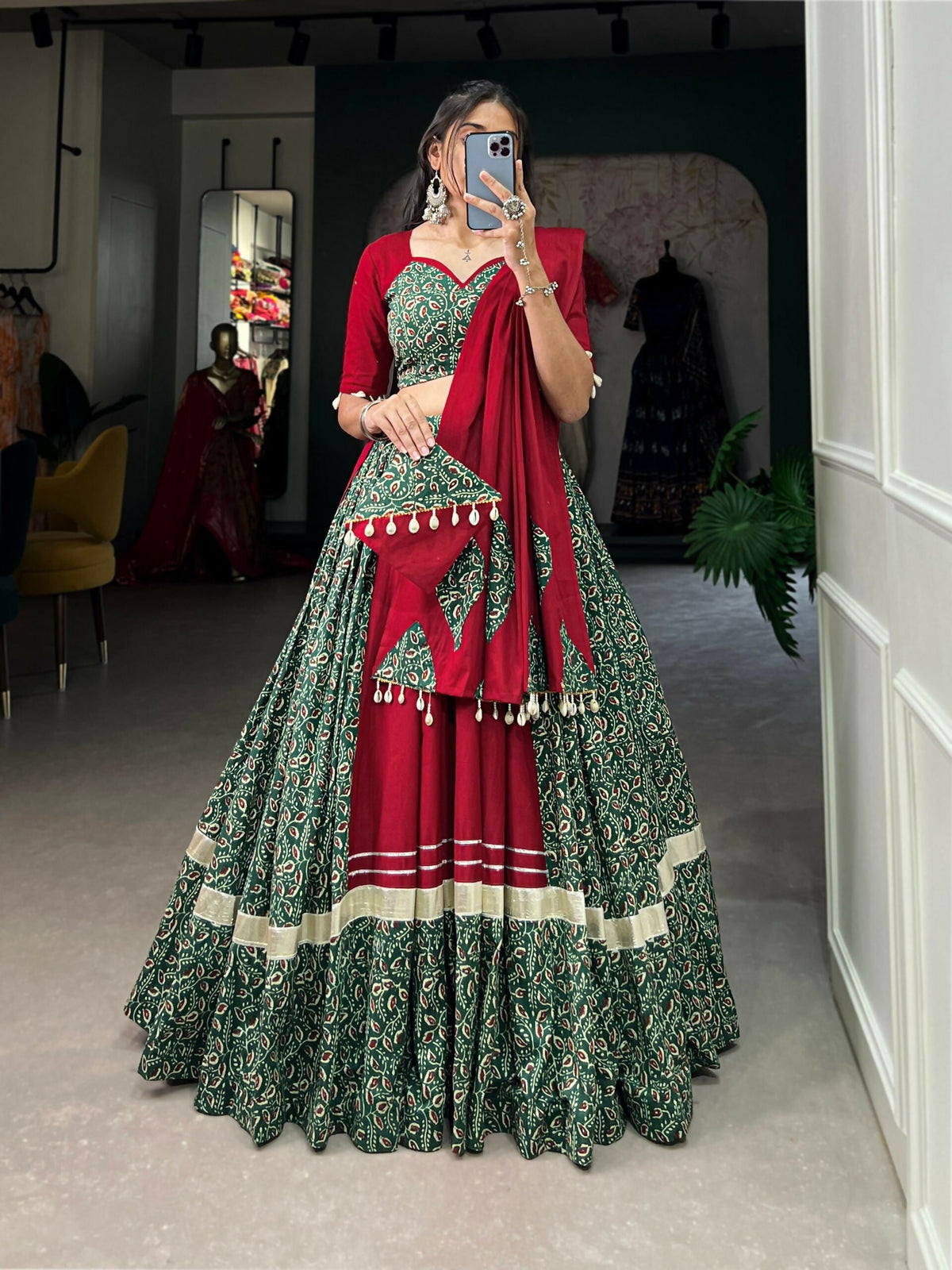 Vastranavya Navaratri Special Pure Cotton Printed With Gota Patti And Lace Touch Up Lehenga with Stitched Choli - Green | Grocsy