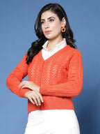 Women Pointelle Rust Acrylic Winter Cardigan - Wool Trees | Grocsy