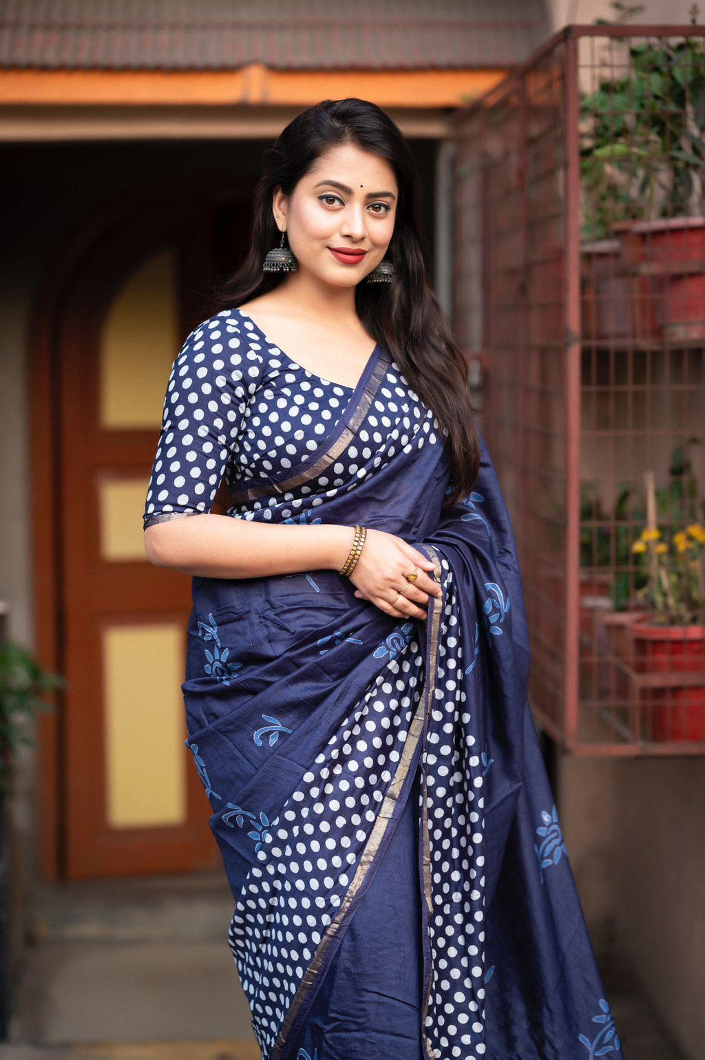 Blue Pure Chanderi Hand Block Saree with Unstitched Blouse - Hiral Fashion | Grocsy