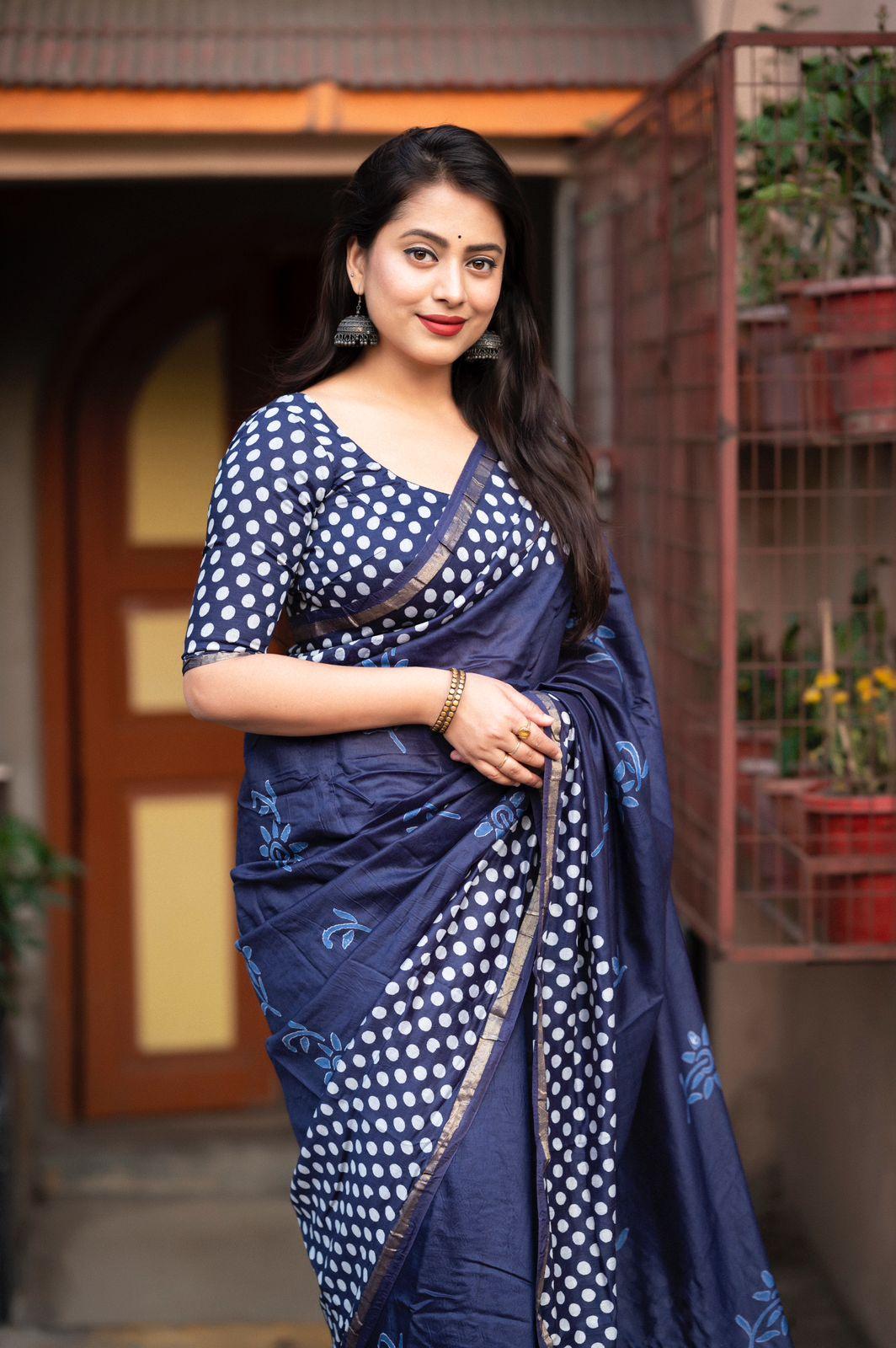 Blue Pure Chanderi Hand Block Saree with Unstitched Blouse - Hiral Fashion | Grocsy
