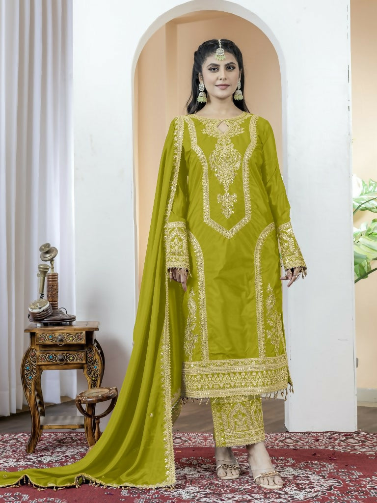 Teeya Creation Pista Green Color Chinnon Silk Embroidery Work Fully Stitched Salwar Suit | Grocsy