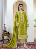 Teeya Creation Pista Green Color Chinnon Silk Embroidery Work Fully Stitched Salwar Suit | Grocsy