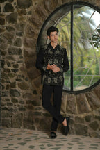 Classic Black Bandhgala Ensemble – Tortoise Embroidery by Hilo Design | Grocsy