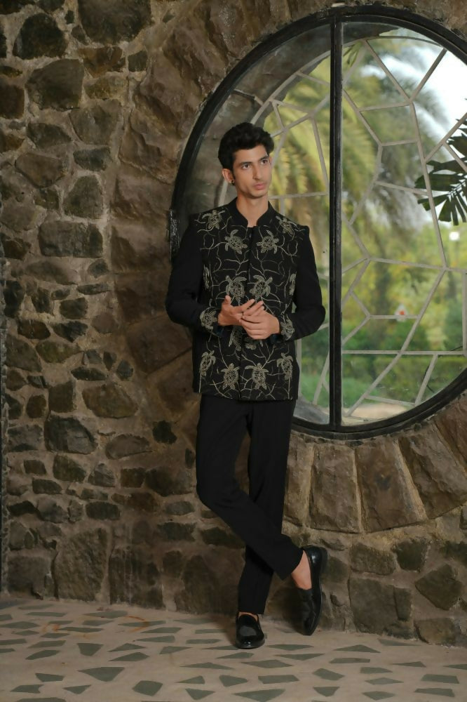 Classic Black Bandhgala Ensemble – Tortoise Embroidery by Hilo Design | Grocsy