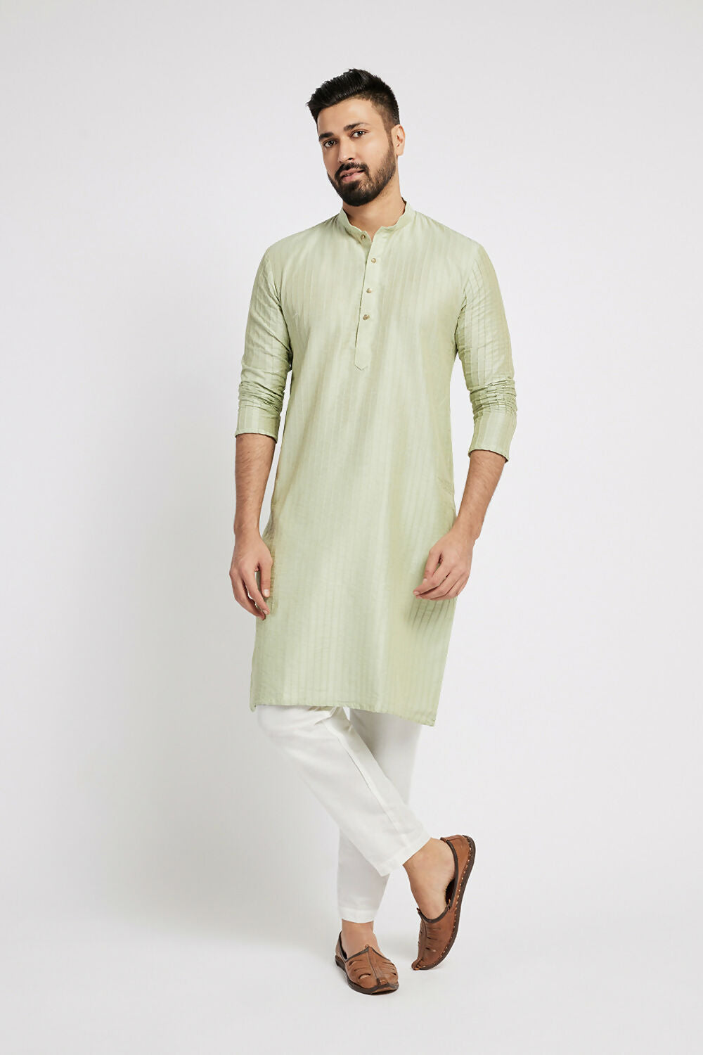Ethnic India Green Men's Kurta Striped Polyester | Grocsy