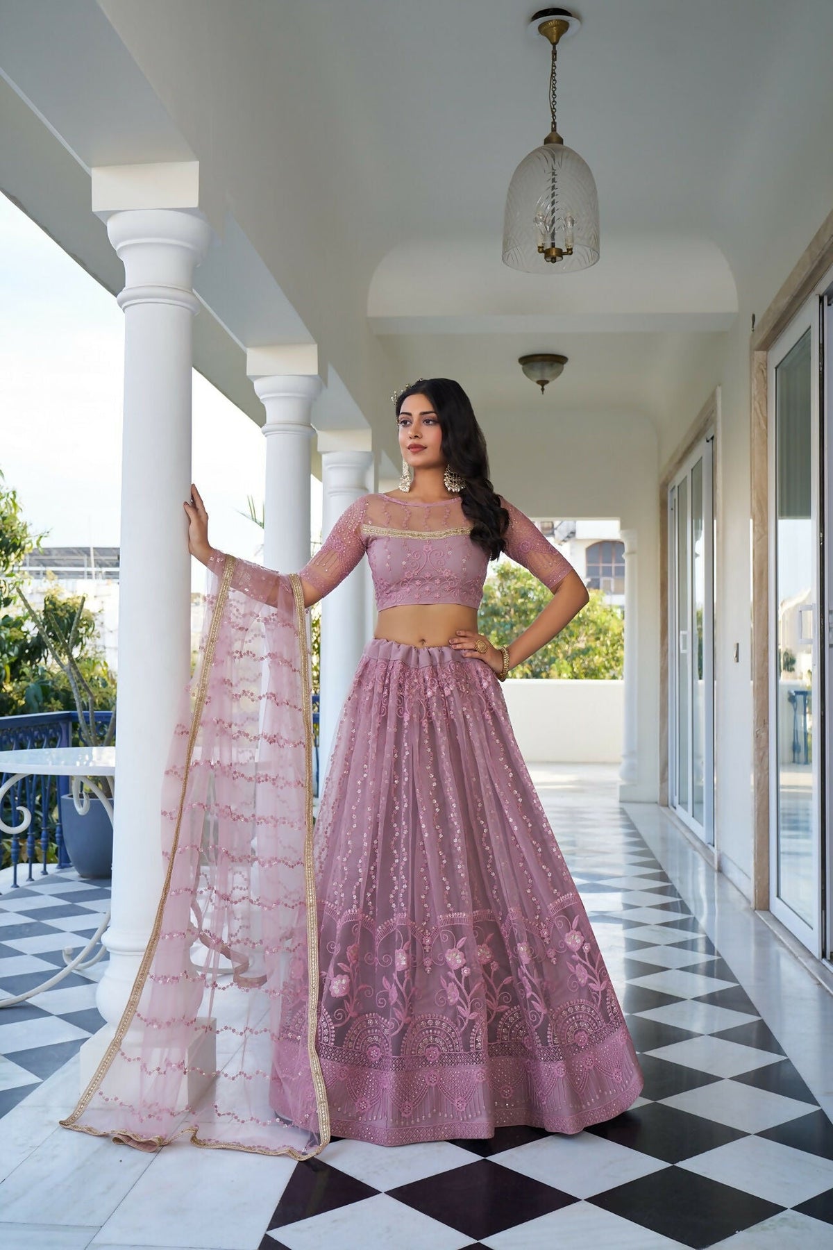 Eilara Glamorous Dusty Pink Butterfly Net With Tone To Tone Thread And Sequence Embroidered Work Lehenga Choli For Wedding | Grocsy