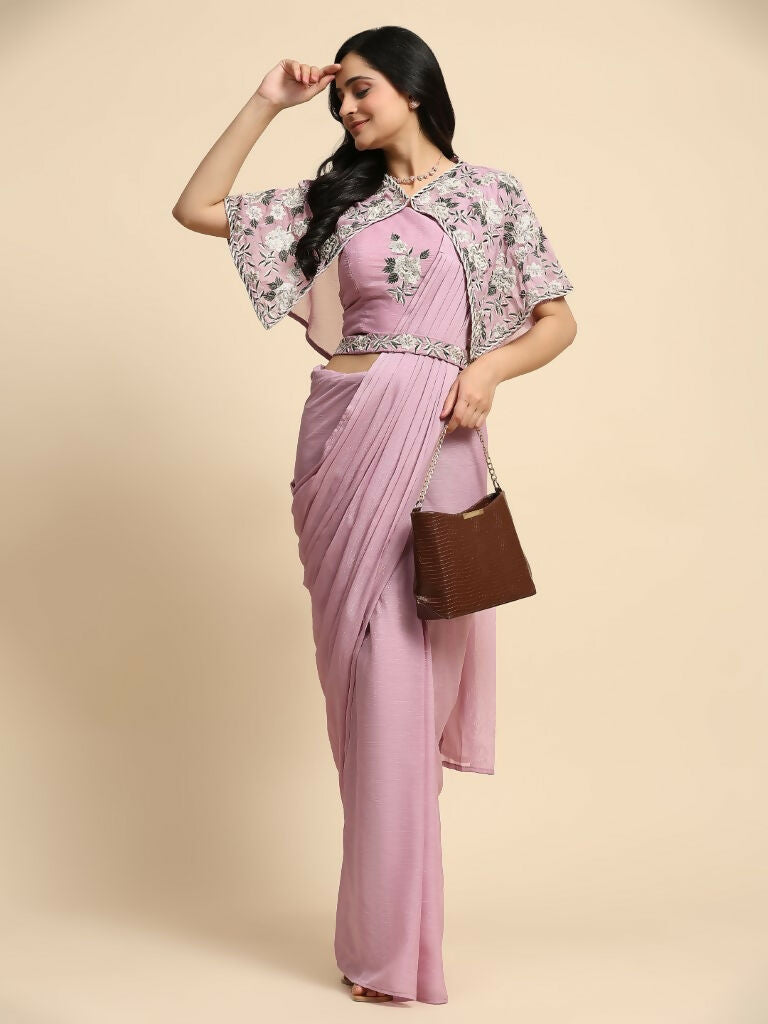 Pink Chiffon Solid Ready to wear Saree with stitched Blouse - Aayan | Grocsy