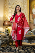 The52 Women's Beautiful Rayon Fabric Printed Work Straight Kurta Pant and Dupatta Set | Grocsy