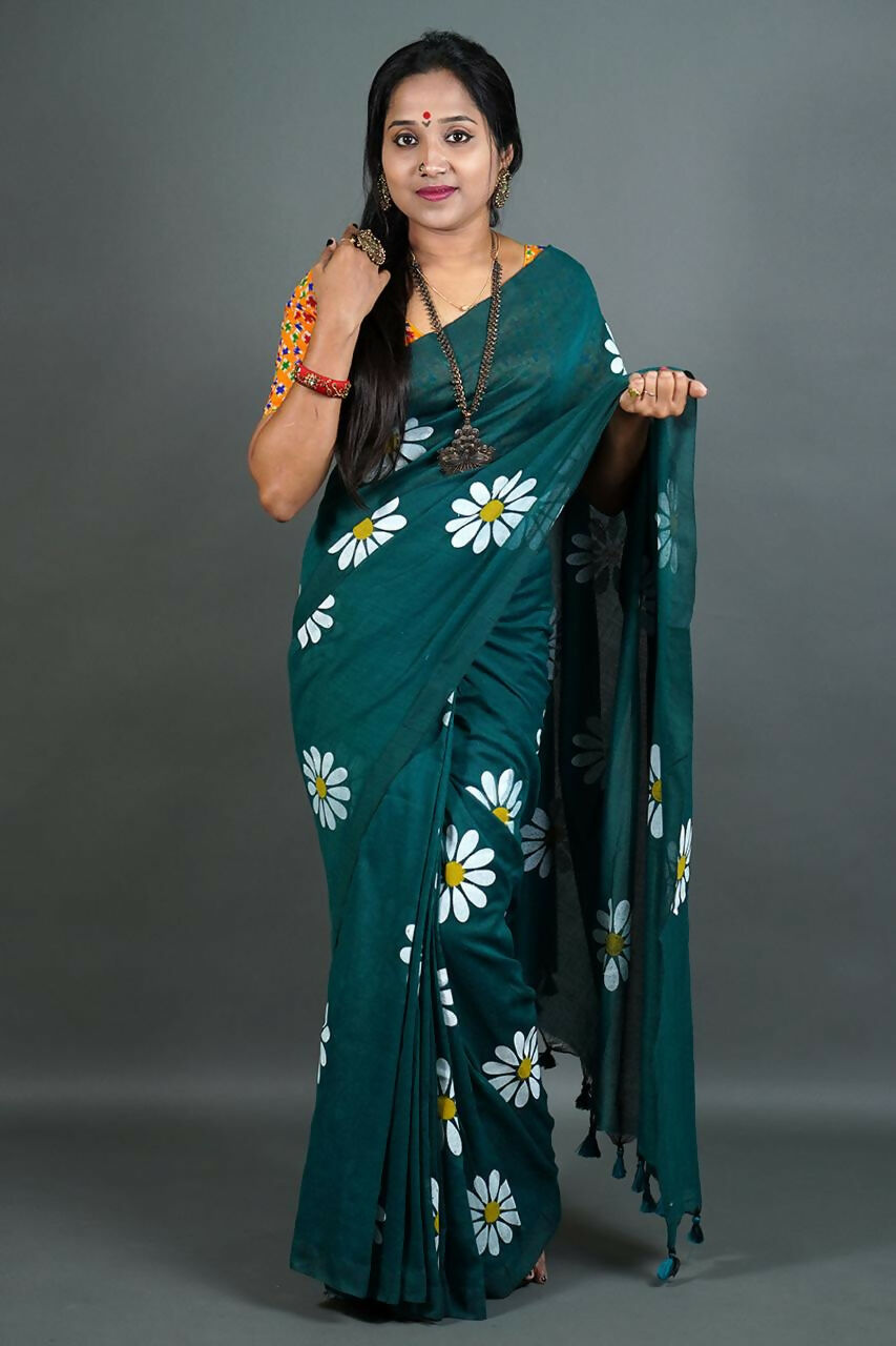 Exclusive Collection Green Pure Cotton Saree With Sunflower Design | Grocsy