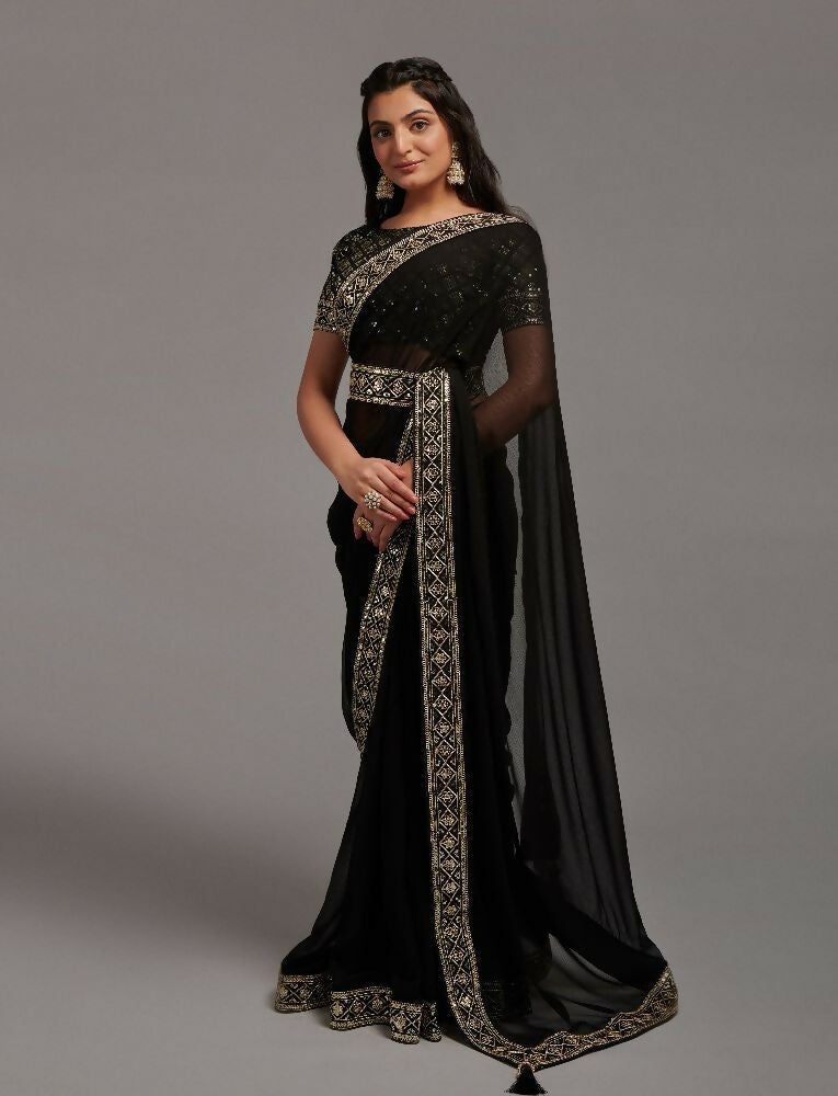 PR Fashion Black Zometo Embroidery Lace Saree | Grocsy