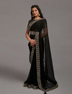 PR Fashion Black Zometo Embroidery Lace Saree | Grocsy