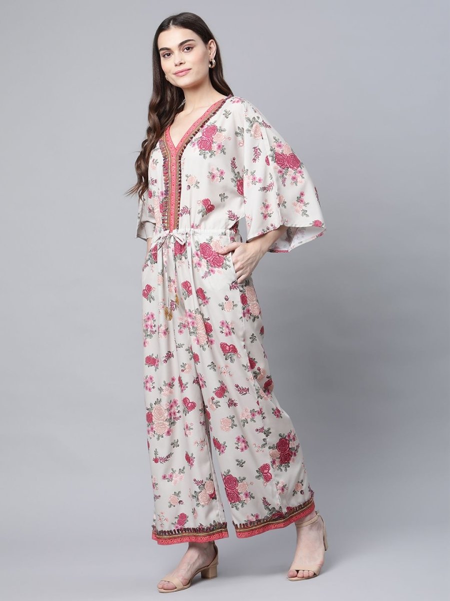 Ahalyaa Womens Beige Crepe Digital Floral Print Jumpsuit | Grocsy